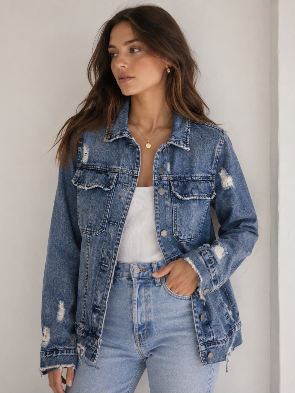 BLANKNYC Distressed Denim Jacket XS Blue Frayed‎ Hem Oversized Trucker